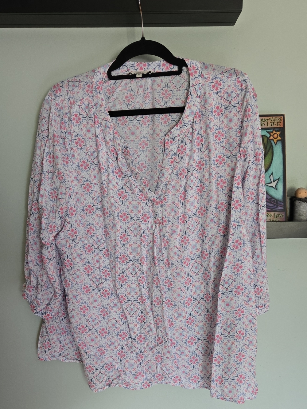Adrienne Vittadini Pink & White Floral V-Neck Long Sleeve Blouse 2XL